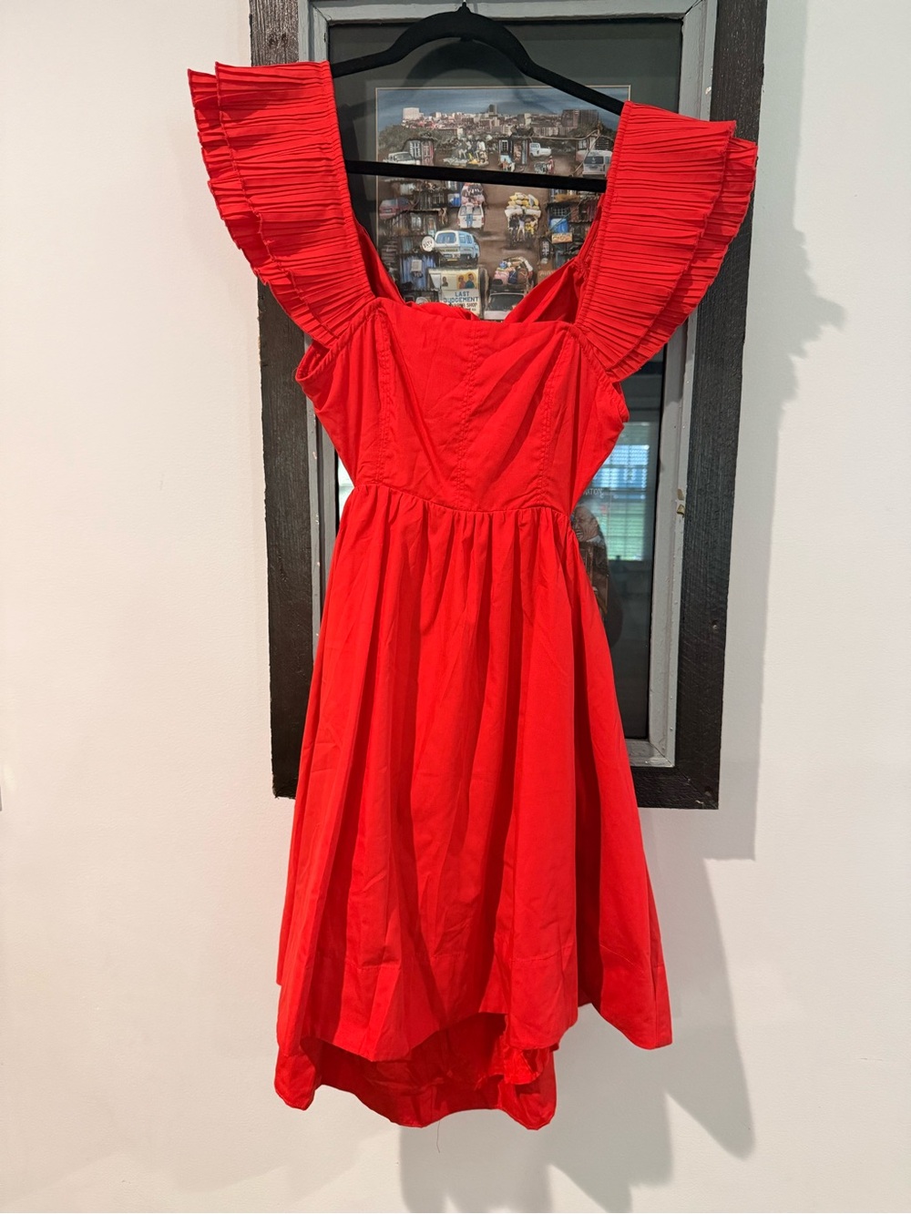 entro Red Gathered Waist Dress with Ruffled Sleeves